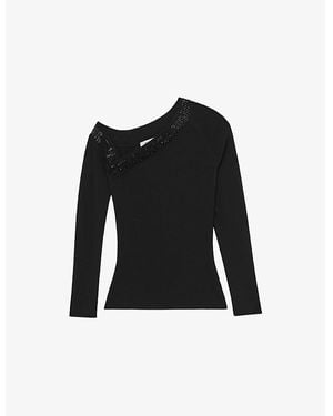 Reiss Maddie Beaded Off-Shoulder Stretch-Knit Top - Black
