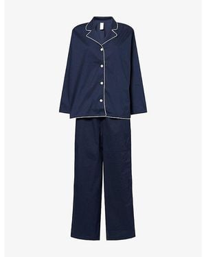 Desmond & Dempsey Placement-Print Long-Sleeve Cotton Pyjama Set - Blue