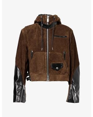 Sacai Panelled Leather And Suede Hoody - Brown