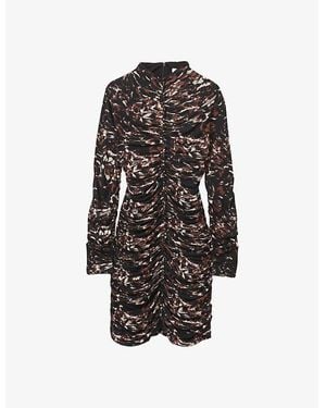 Reiss Carolina Abstract-Print Long-Sleeve Ruched Jersey Mini Dress - Black