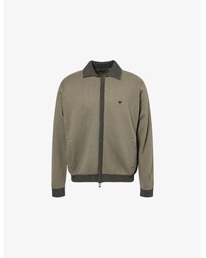 Emporio Armani Embroidered-Logo Striped-Trims Wool Blend Cardigan - Green