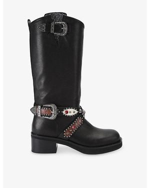 Kurt Geiger Western Mid Leather Biker Boots - Black