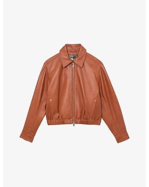 Reiss Lottie Cropped Leather Bomber Jacket - Brown