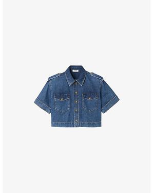 Sandro Cropped Chest-Pocket Denim Shirt - Blue