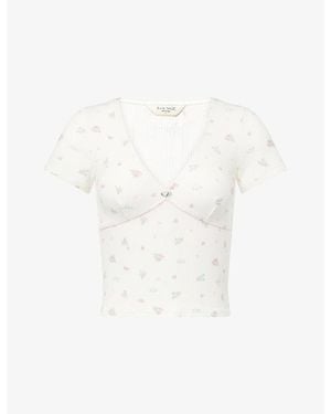 Lounge Underwear Short-Sleeve Ribbed Cotton-Blend Pajama Top - White