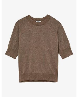 Reiss Susanne Short-Sleeve Metallic-Knit Top - Brown
