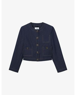Reiss Edie Collarless Cropped Denim-Blend Jacket - Blue