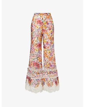 Zimmermann Luna Shirred Flare Linen-Silk Trousers - Pink