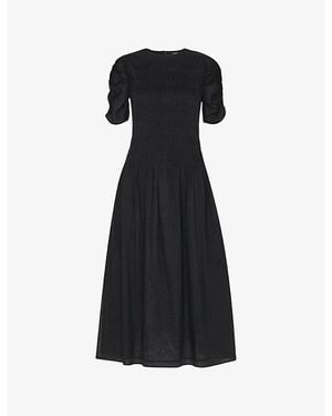 Whistles Avery Ruched-Sleeve Smocked Cotton Midi Dress - Black