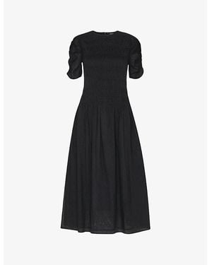 Whistles Avery Ruched-Sleeve Smocked Cotton Midi Dress - Black