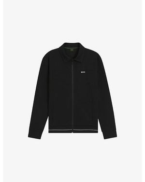 BOSS Logo-Embroidered Polo-Collar Cotton-Blend Tracksuit Top - Black