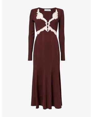 Self-Portrait Contrast-Lace V-Neck Knitted Midi Dress - Red