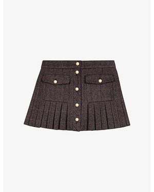 Maje Checked Pleated Wool-Blend Mini Skirt - Brown