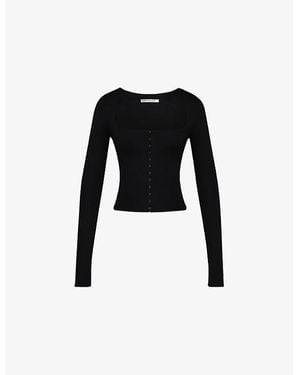 House Of Cb Square-Neck Long-Sleeved Stretch-Woven Top Xs (D-E Cup) - Black