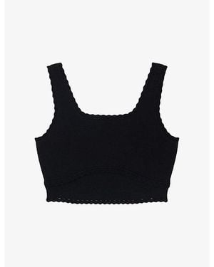 Sandro Cropped Scalloped-Trim Stretch-Knit Jumper - Black