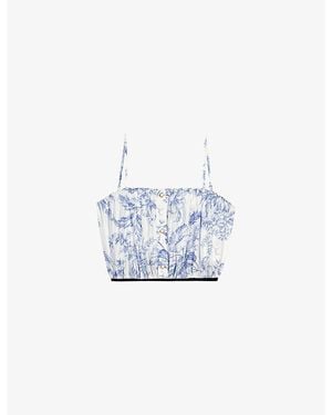 Maje Floral-Print Gathered Lyocell And Cotton-Blend Top - White