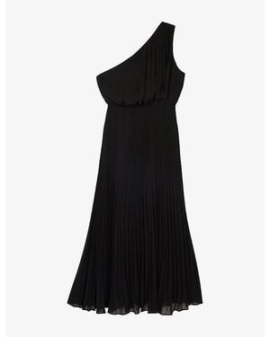 The Kooples One-Shoulder Pleated Woven Midi Dress - Black