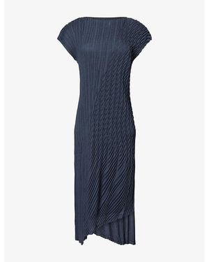 Issey Miyake Unfurling Pleats Asymmetric Knitted Midi Dress - Blue