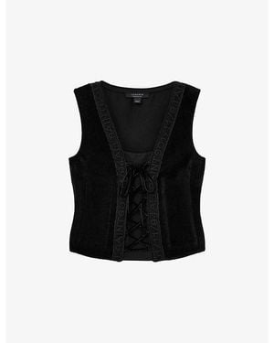 AllSaints Selin Brand-Embroidered Velvet Vest - Black
