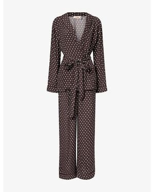 It's 9pm Rizzo Polka-Dot Smoking Woven Pajama Set - Brown