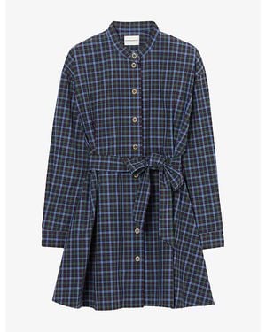 Claudie Pierlot Checked Tie-Waist Cotton Mini Dress - Blue