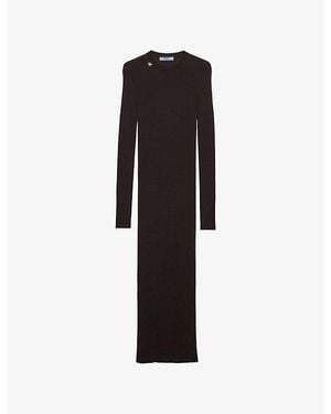 Prada Long-Sleeved Branded Wool Midi Dress - Black