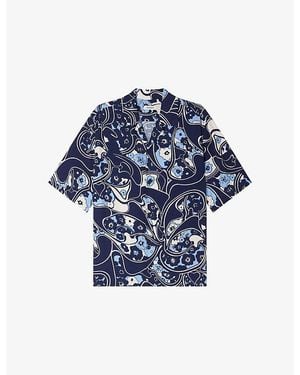 Sandro Retro-Print Short-Sleeved Woven Shirt - Blue