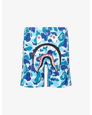 A Bathing Ape Camo Shark Printed Cotton Sweat Shorts - Blue