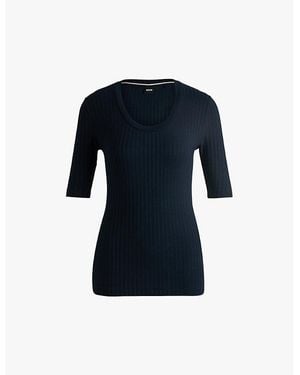 BOSS Dark Scoop-Neck Ribbed Stretch-Jersey Top - Blue