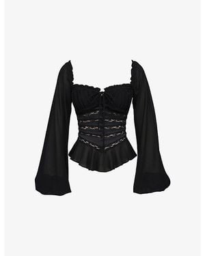 House Of Cb Cara Long-Sleeve Georgette Peplum Top - Black
