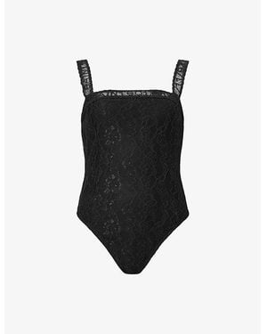 AllSaints Vera Square-Neck Branded-Lace Stretch-Woven Bodysuit - Black
