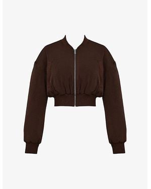Mistress Rocks Ribbed-Collar Zip-Up Cropped Shell Bomber Jacket - Brown
