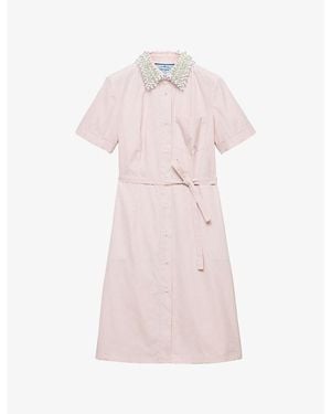 Prada Embroidered-Collar Cotton Poplin Shirt Dress - Pink