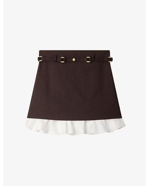 Sandro Belted Frill-Hem Stretch Wool-Blend Mini Skirt - Brown