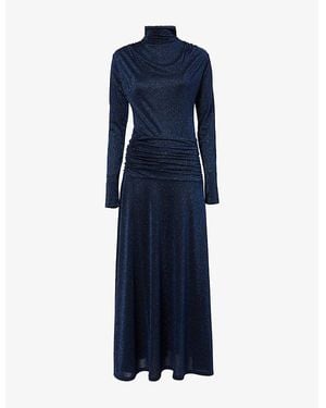 ME+EM Draped Cowl-Neck Metallic Maxi Dress - Blue