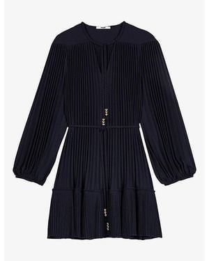 Maje Pleated Blouson-Sleeve Woven Mini Dress - Blue