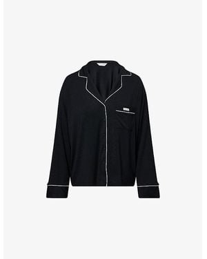 Lounge Underwear Logo-Patch Piping Stretch-Jersey Pajamas Top - Black