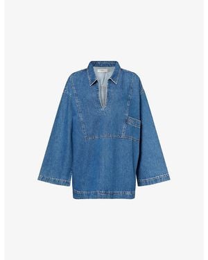 Skall Studio Norma Tunic Open-Neck Cotton Denim Top - Blue