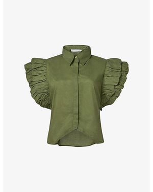 eem Ruffled-Sleeve Notched-Hem Cotton Shirt - Green
