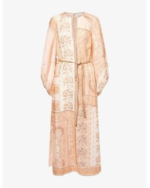 Zimmermann Lucky Balloon-Sleeves Linen Midi Dress - Natural