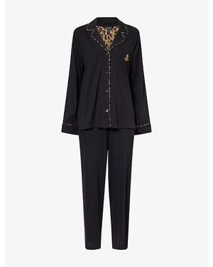 Ralph Lauren Embroidered-Logo Wide-Leg Cotton-Blend Pajama Set - Black