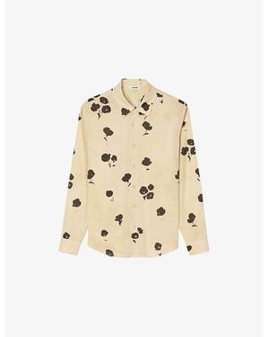 Sandro Floral-Print Pointed-Collar Linen Blend Shirt - Natural