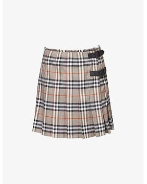 Burberry Check-Print Pleated Wool Mini Skirt - White