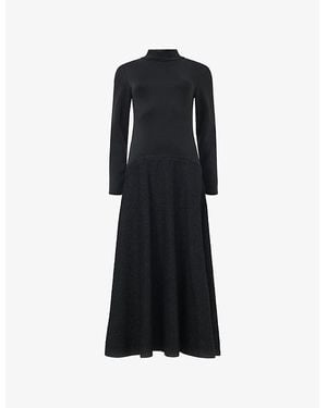 eem Textured-Sleeve High-Neck Stretch Cotton-Blend Midi Dresss - Black