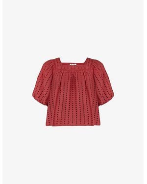 Ro&zo Square-Neck Puff-Sleeve Broderie Cotton Top - Red