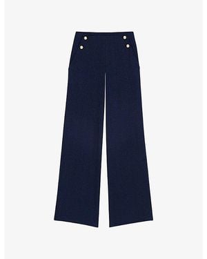 Maje Wide-Leg Button-Embellished Linen-Blend Trousers - Blue