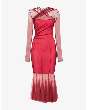 Nensi Dojaka Long-Sleeve Gathered Mesh Woven Midi Dress