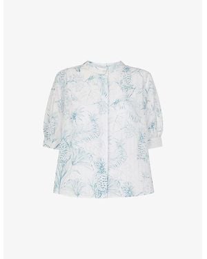 Whistles Pineapple-Print Textured Short-Sleeve Cotton-Blend Shirt - Blue