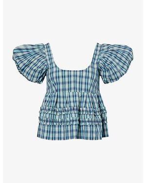 Damson Madder Summer Joy Puff-Sleeve Cotton Blouse - Blue