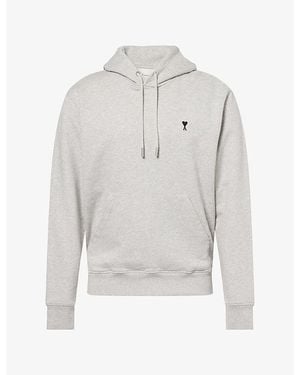 Ami Paris Regular-Fit Embroidered-Logo Cotton Hoody - Gray